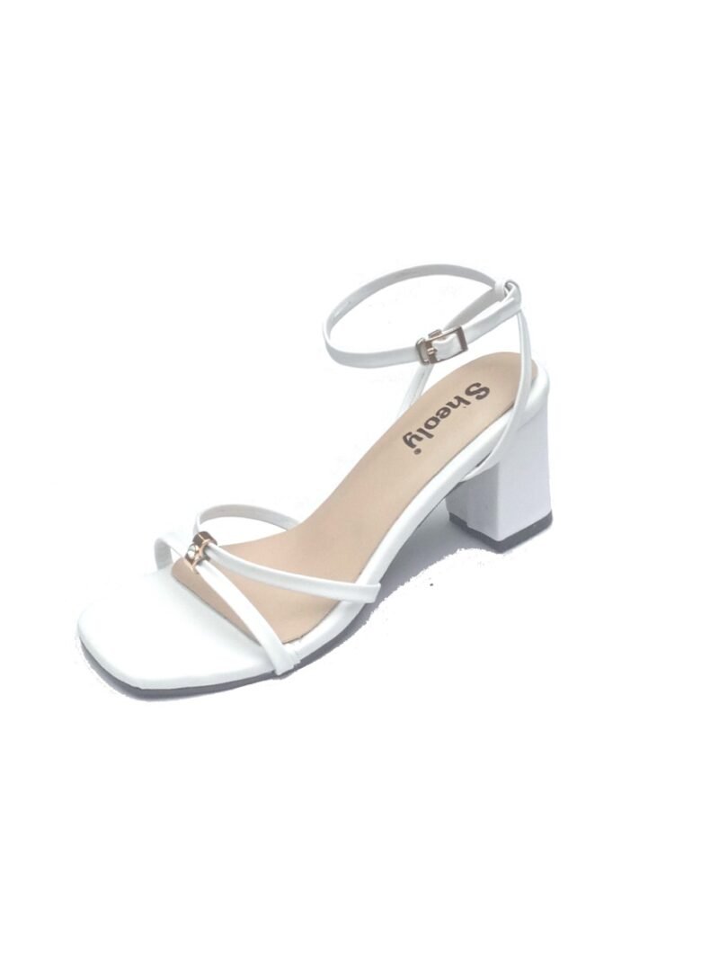 Trendy White Ankle Strap Heels with Subtle Gold Embellishment
