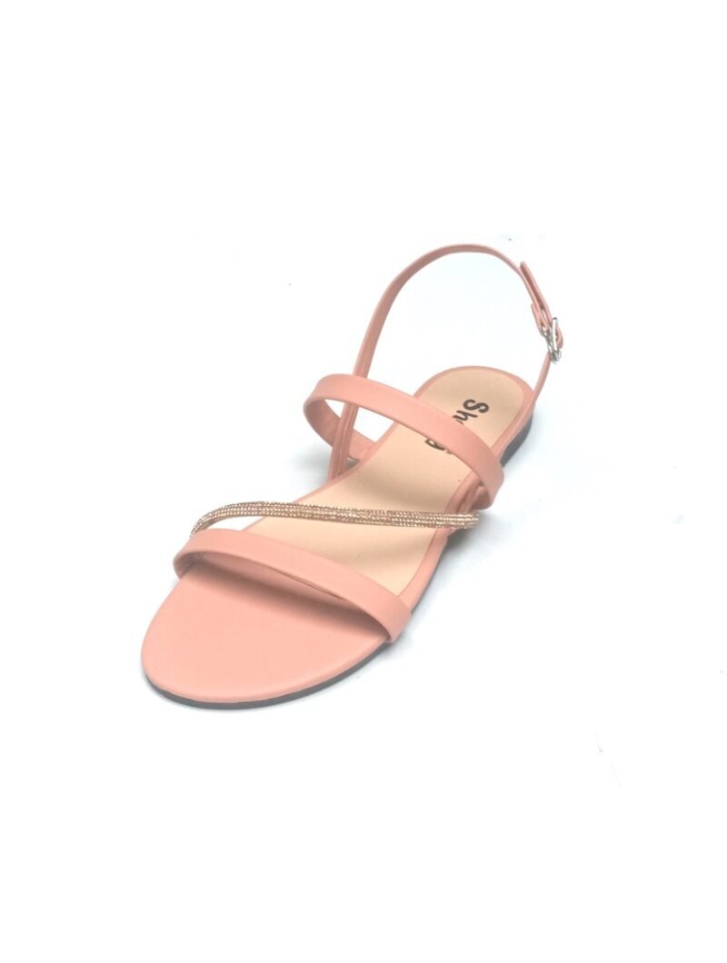 Sheoly Coral Pink Rhinestone Strap Flat Sandals with Ankle Strap
