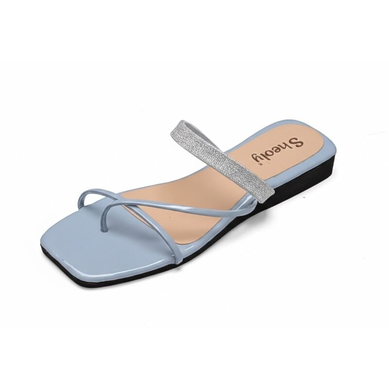 Sheoly Grey Glossy Flat Sandals with Shimmering Silver Strap