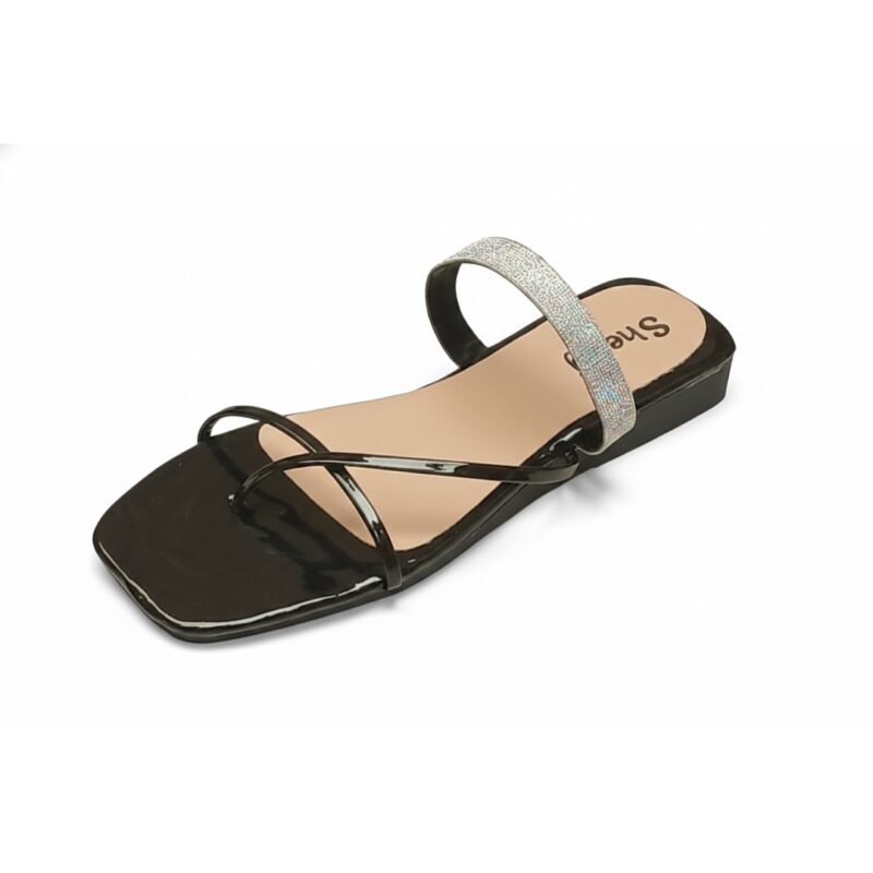 Sheoly Black Patent Flat Sandals with Shimmering Silver Strap