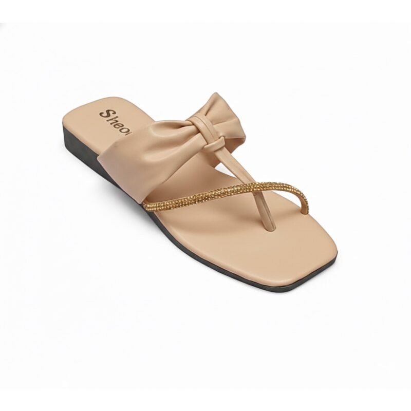 Sheoly Beige Bow-Detail Flat Sandals with Gold Rhinestone Accent