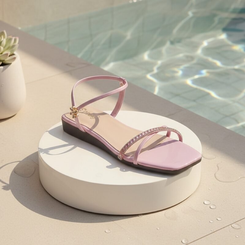 Sheoly Light Pink Strappy Flat Sandals with Rhinestone Embellishment