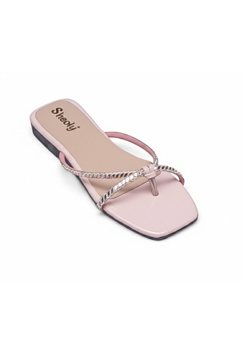 Sheoly Pink Glossy Thong Flat Sandals with Rhinestone Embellished Straps